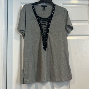 Women's Grey and Black Lace Up Detail Short Sleeve Shirt